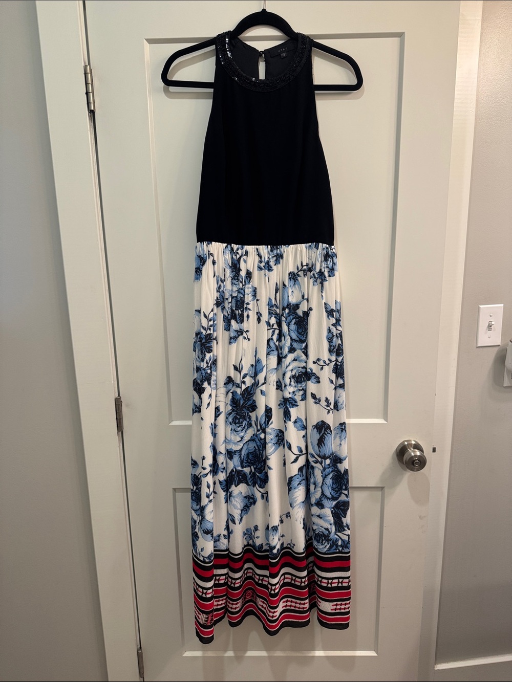 Atsu x Anthropologie Mixed Media Maxi Dress: Black Bodice & Blue Floral Skirt